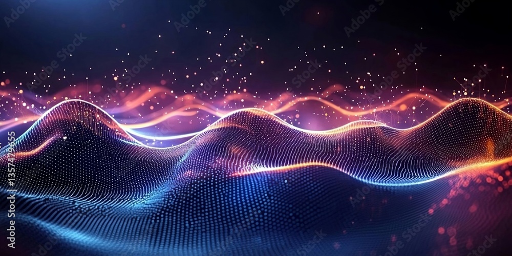 Technology background with connected dots on 3D wave landscape. Data science, particles, digital world, virtual reality, cyberspace, metaverse concept. Superlative generative AI image Technology background with connected dots on 3D wave landscape. Data science, particles, digital world, virtual reality, cyberspace, metaverse concept. Superlative generative AI image