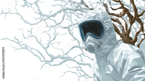 Close-up shot of a person wearing a white hazmat suit and a protective gas mask. The background features bare, snow-covered tree branches against a bright, possibly overcast sky.  The image is