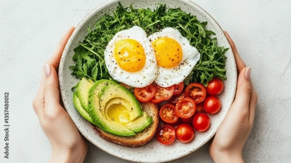 Top view of a neatly plated breakfast with poached eggs, toast, sliced avocado, and cherry tomatoes on a white ceramic plate