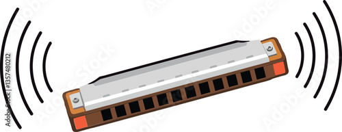 Harmonica resting on a flat surface with sound waves emanating, showcasing a colorful and minimal design style in vector art