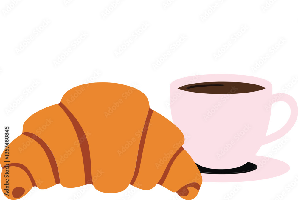 A delicious croissant beside a steaming cup of coffee in a flat, minimal design style showcasing a cozy breakfast setting in vector art