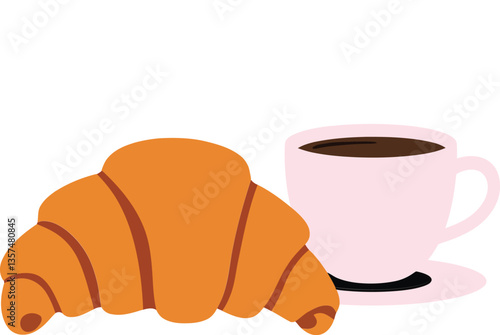Obraz na płótnie A delicious croissant beside a steaming cup of coffee in a flat, minimal design style showcasing a cozy breakfast setting in vector art w salonie