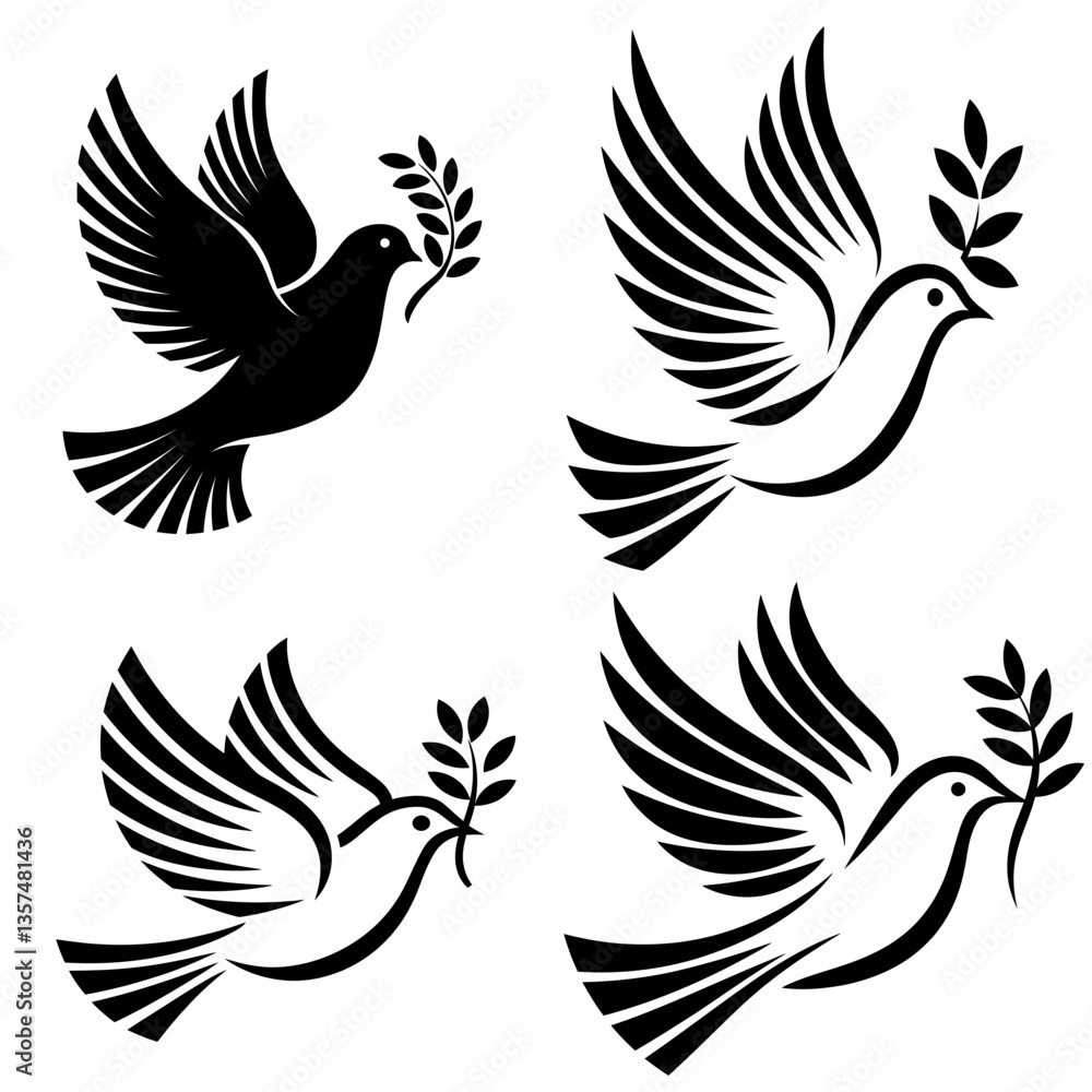 Obraz premium Minimalist Dove with Olive Branch, Black and White Peace Symbol, Elegant Vector Bird Illustration
