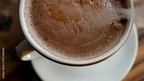 Aromatic Hot Chocolate Drink in White Mug Close Up Top View Indulge in a warm beverage with delicious cocoa and cinnamon