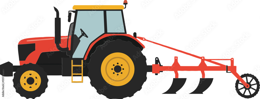 Red and black agricultural tractor with plow attachment in flat vector illustration style showcasing farming technology and machinery in a rural setting