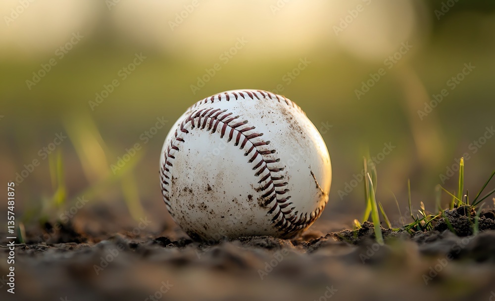 Baseball on Field Close-up Shot Under Warm Lighting Focus Baseball on Field Close-up Shot Under Warm Lighting Focus