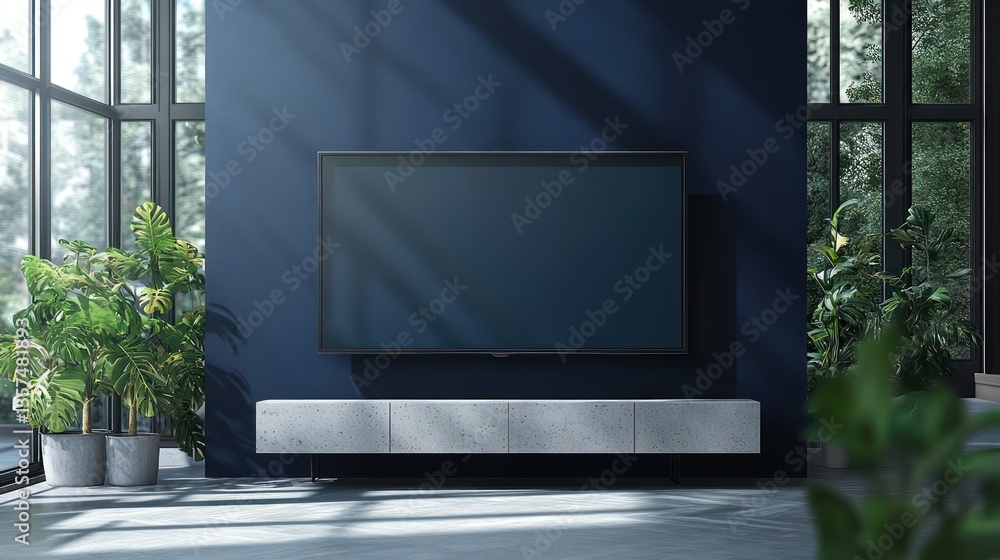 Fototapeta premium A stylish living room with a large flat-screen television on a deep navy wall