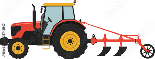 Obraz na płótnie Red and black agricultural tractor with plow attachment in flat vector illustration style showcasing farming technology and machinery in a rural setting w salonie