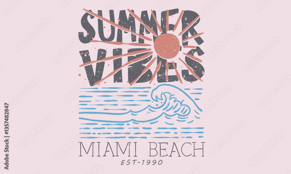 Fototapeta premium Summer vibes artwork. Big wave artwork. Sunshine Surf club artwork. Enjoy beach life. Surf club design.