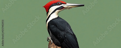 An ivory-billed woodpecker rendered against a solid pine green background, vibrant details