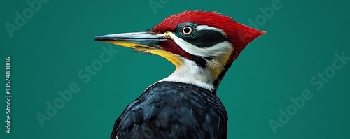 An ivory-billed woodpecker rendered against a solid pine green background, vibrant details