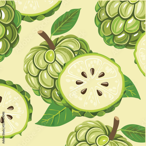 A modern, abstract interpretation of custard apple and its slices, fusing bold patterns with natural form.