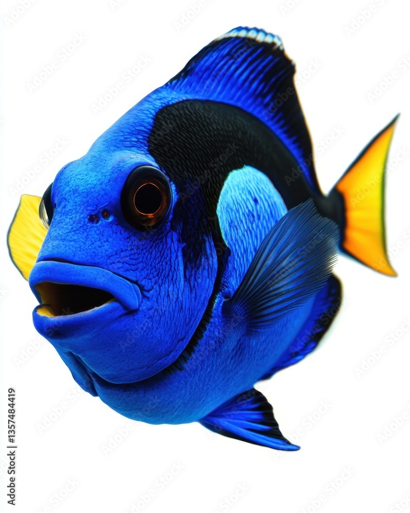 Naklejka premium Vivid blue tang fish swimming gracefully in clear ocean water against a bright white background