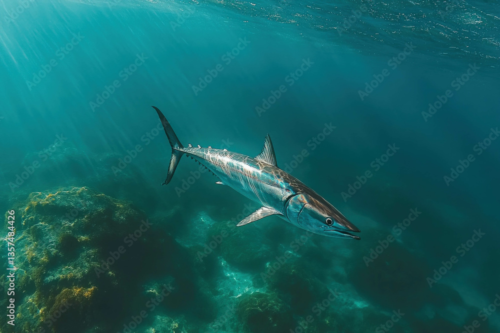 Fototapeta premium A Belted Bonito Fish Swimming In Clear Water, Sleek And Fast, Ocean Backdrop