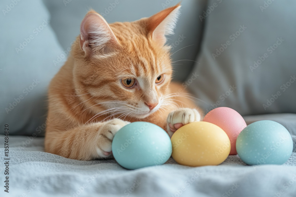 Fotografie A cat playing with Easter eggs, playful and humorous, pet theme.