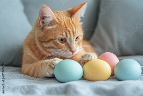 A cat playing with Easter e...