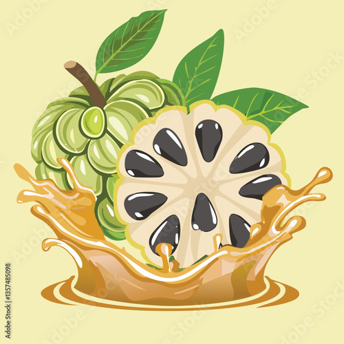 A refreshing splash of custard apple juice as slices float through the air, capturing the fruit?s creamy essence.