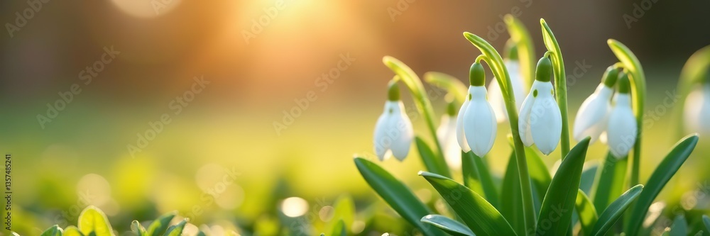 Obraz premium Close up of delicate snowdrop flowers bathed in the warm February sunshine, bloom, white