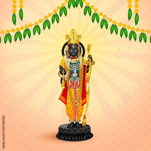 illustration of Lord Rama with bow arrow with Hindi text meaning Shree Ram Navami celebration background for religious holiday of India