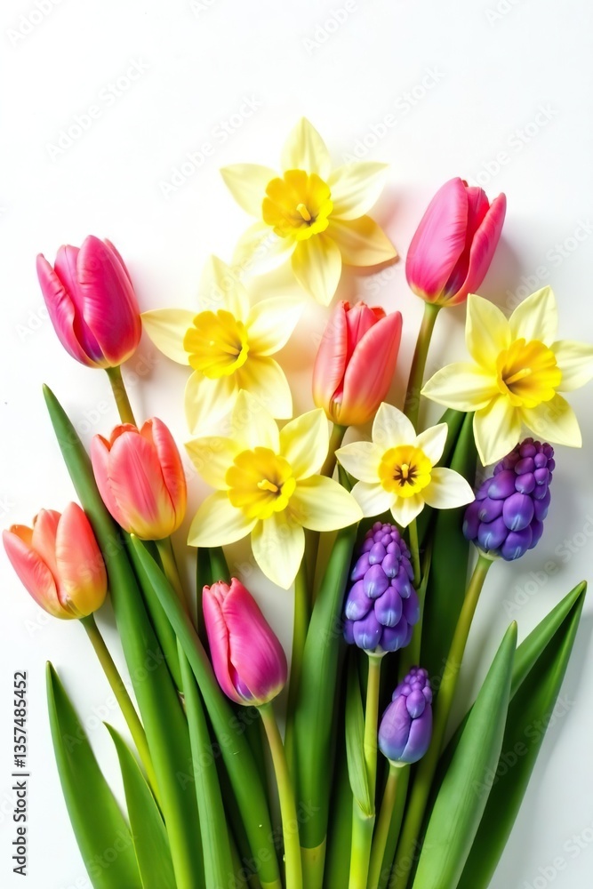 Fototapeta premium Colorful assortment of spring flowers including tulips, daffodils, and hyacinths on a crisp white background, seasonal, arrangement