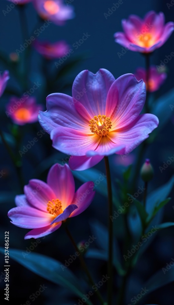 Fototapeta premium Close-up of glowing bioluminescent flowers in a futuristic indoor garden, glow, close-up