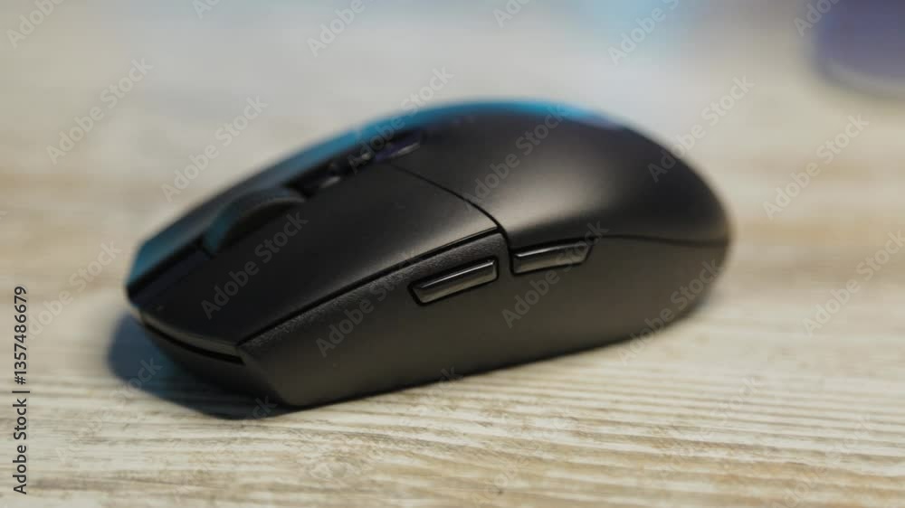Office wireless mouse close-up, camera movement Office wireless mouse close-up, camera movement