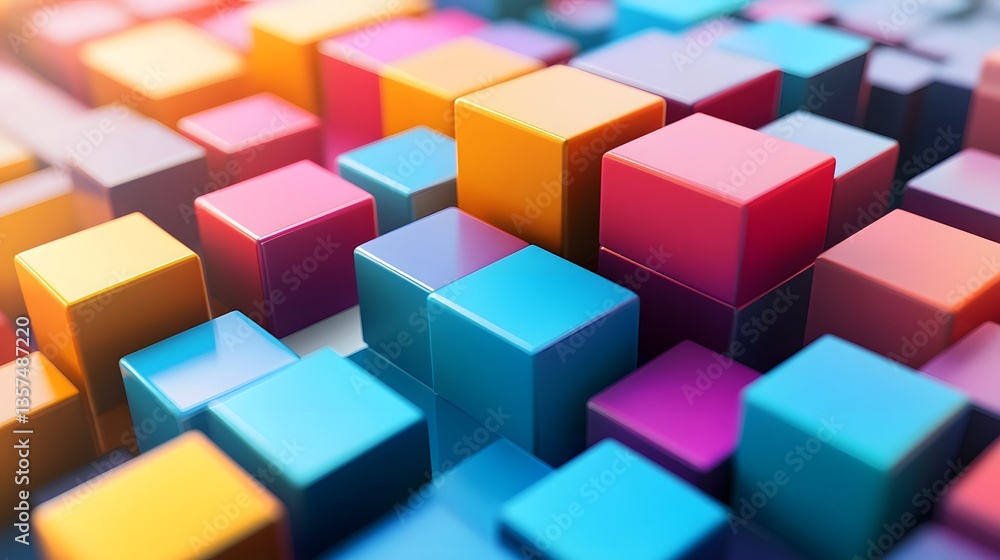 an abstract image of a vibrant arrangement of colorful cubes, creating a visually dynamic and artistic composition. Each cube presents a different hue, ranging across a broad spectrum an abstract image of a vibrant arrangement of colorful cubes, creating a visually dynamic and artistic composition. Each cube presents a different hue, ranging across a broad spectrum