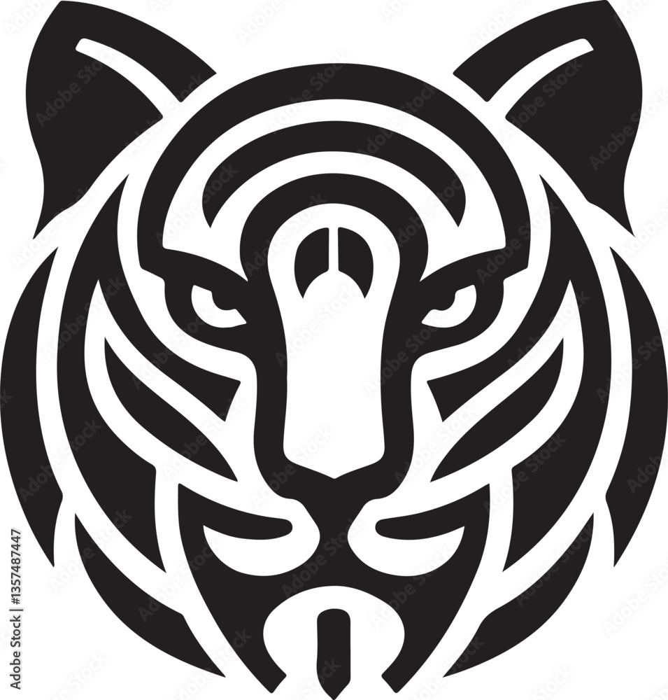 Naklejka premium Tribal Tiger Head: A bold, black and white tribal design of a majestic tiger head, its fierce gaze and intricate patterns embodying strength, power, and artistic flair.