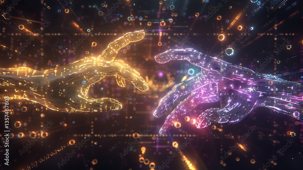 Fototapeta premium Two translucent AI-generated hands sculpted from radiant golden and violet data particles