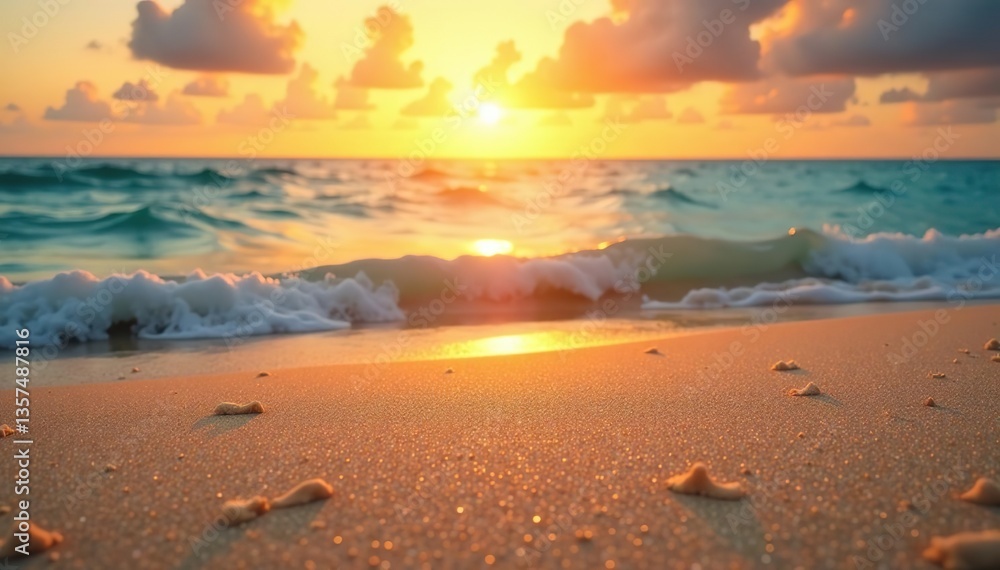 Closeup of textured sea sand on a tropical beach at sunset with golden sky, creating a tranquil and relaxing summer mood, horizon, travel Closeup of textured sea sand on a tropical beach at sunset with golden sky, creating a tranquil and relaxing summer mood, horizon, travel