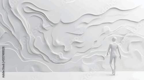 The image is a digitally rendered 3D illustration showing a minimalist, human-like figure standing in front of a wall featuring a textured, topographical pattern.  The entire scene is