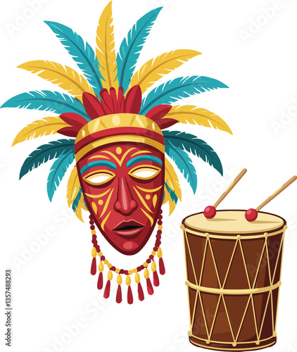 Colorful tribal mask adorned with vibrant feathers and a traditional drum in flat vector art style showcasing cultural richness and rhythmic energy