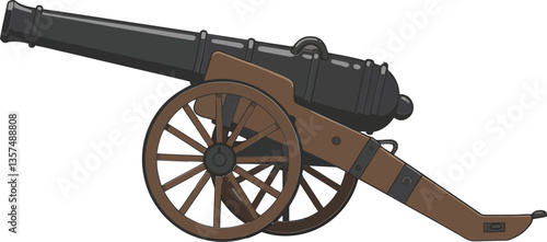 A detailed cannon with wooden wheels and metallic barrel in a flat design style, showcasing historical military weaponry, vector art