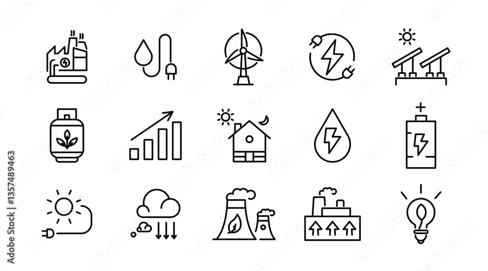 Renewable energy line icon set. Energy, efficiency, solar energy, green, sunlight, wind, and water outline icon collection. UI thin outline icon pack Renewable energy line icon set. Energy, efficiency, solar energy, green, sunlight, wind, and water outline icon collection. UI thin outline icon pack