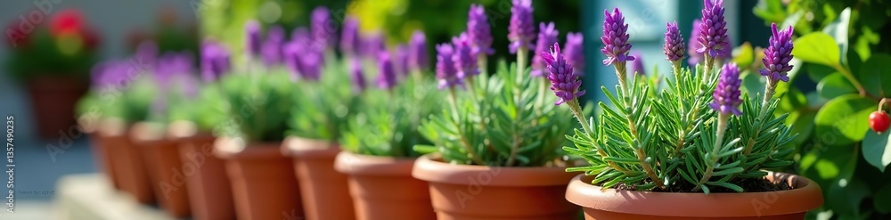 Obraz premium Close-up of vibrant rosemary plants with purple flowers in terracotta pots, botanical, close-up