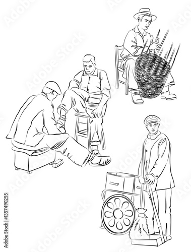 Antique Arts and Crafts hand drawn line art vector illustrations