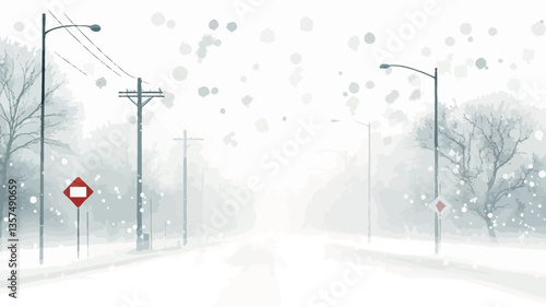 The image depicts a street scene blanketed in heavy snow.  The perspective is from a low angle, looking down a road that recedes into the distance.  The road is covered in a thick layer of snow,