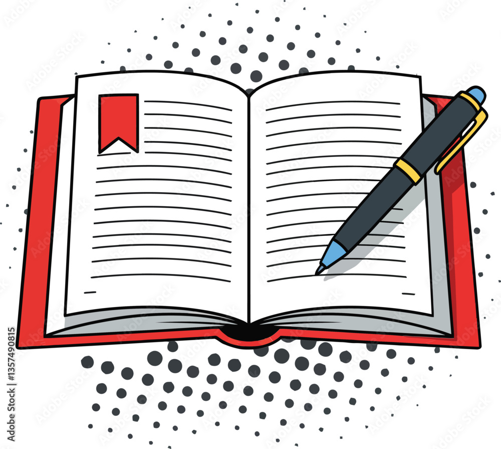 An open red book with a bookmark and a blue pen resting on its pages in a flat vector illustration