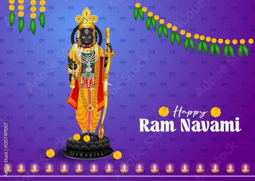 illustration of Lord Rama with bow arrow with Hindi text meaning Shree Ram Navami celebration background for religious holiday of India