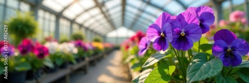 Close up shot of beautiful blooming violets in a modern greenhouse, with selective focus,  horticulture,  selective focus