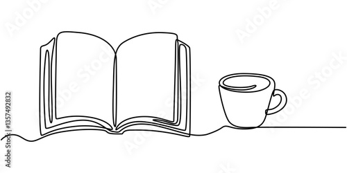Opened book and cup of coffee with heart shape in continuous one line drawing, top view. Education, relaxation or slow living concept. Vector illustration, editable stroke. 