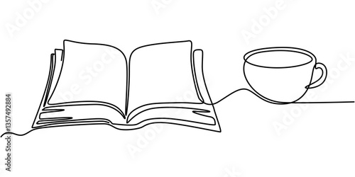 Opened book and cup of coffee with heart shape in continuous one line drawing, top view. Education, relaxation or slow living concept. Vector illustration, editable stroke. 
