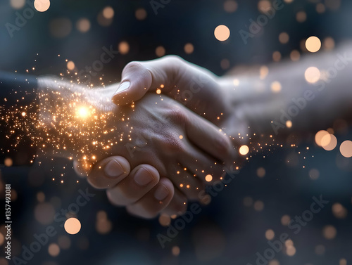 Close Up of Two People Shaking Hands with Golden Sparks Overlay Dark Blue and Gray Blurred Background Celebrating Successful Business Partnership and Corporate Agreement