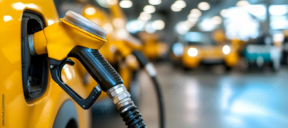 Close Up Of Yellow Fuel Nozzle Filling Car Tank At Gas Station With Blurred Light Background Reflecting On The Floor In Automotive Industry And Energy Sector For Modern Transportation
