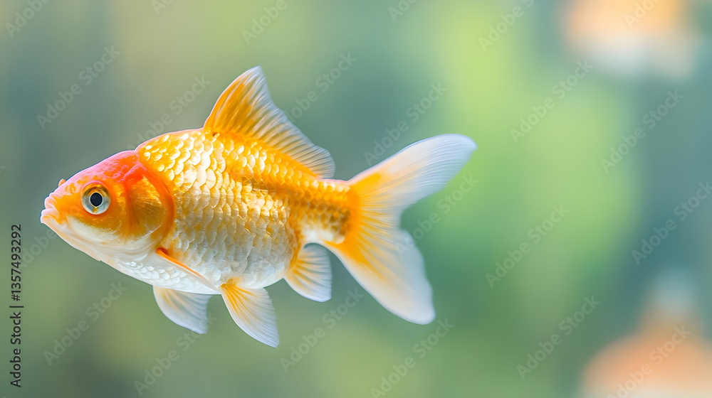 Close Up Orange Goldfish Swimming in Clear Water with Blurred Green and Beige Background Displaying Graceful Fins and Scales in a Tranquil Aquatic Habitat Close Up Orange Goldfish Swimming in Clear Water with Blurred Green and Beige Background Displaying Graceful Fins and Scales in a Tranquil Aquatic Habitat