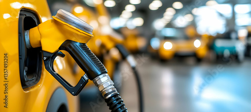 Obraz na płótnie Close Up Of Yellow Fuel Nozzle Filling Car Tank At Gas Station With Blurred Light Background Reflecting On The Floor In Automotive Industry And Energy Sector For Modern Transportation w salonie