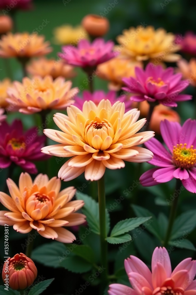 Obraz premium Close up shot of vibrant Chrysanthemum flowers in a garden, showcasing a range of colorful blossoms, blossoms, flowers