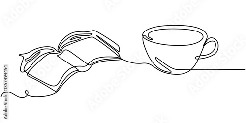 Opened book and cup of coffee with heart shape in continuous one line drawing, top view. Education, relaxation or slow living concept. Vector illustration, editable stroke. 