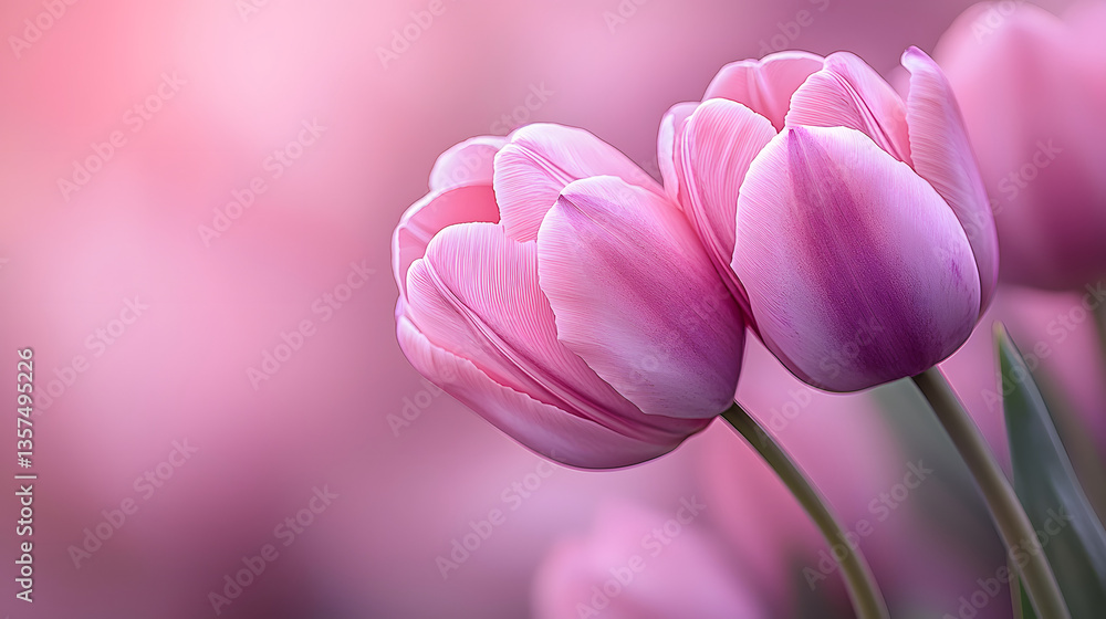 Fototapeta premium Delicate pink tulips blooming against a soft pink background - 