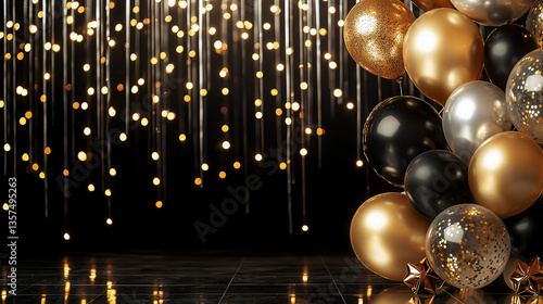 Luxurious black, gold, and silver balloons with glimmering lights and stars form an enchanting backdrop for elegant, joyful celebrations.